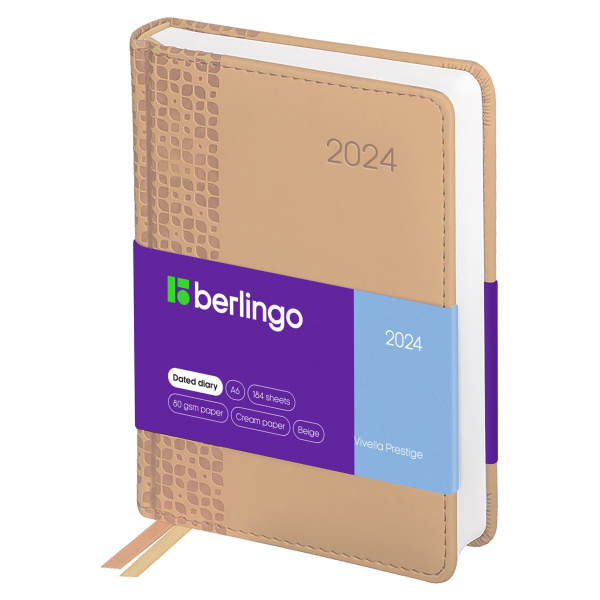 картинка Ежедневник 2024 А6 кожзам Berlingo "Vivella Prestige" бежевый, перфорация уголков, ляссе, 184 л. от магазина "Офисные мелочи"