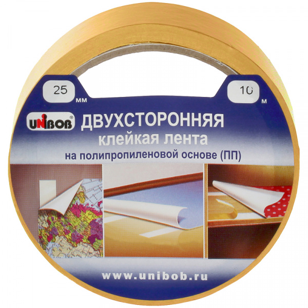 картинка Клейкая лента двусторонняя полипропилен 25 мм.*10 м. Unibob от магазина "Офисные мелочи"