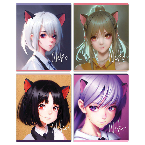 картинка Тетрадь 48 листов клетка MESHU "Neko", софт-тач ламинация, тиснение фольгой, 4 дизайна от магазина "Офисные мелочи"