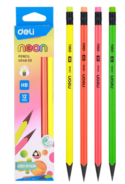 картинка Карандаш чернографитный пластик НВ с ластиком Deli "Neon" трехгранный в ассортименте от магазина "Офисные мелочи"