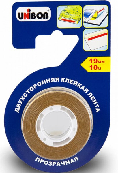 картинка Клейкая лента двусторонняя тканевая основа 19 мм.*10 м. прозрачная UNIBOB от магазина "Офисные мелочи"