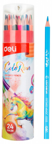 картинка Карандаши 24 цвета Deli "ColoRun" трехгранный тополь, точилка, картонный тубус от магазина "Офисные мелочи"