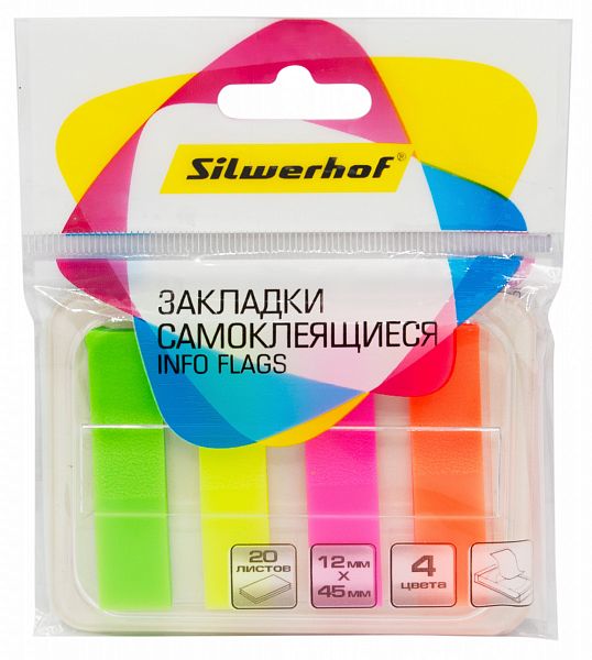 картинка Закладки пластиковые 12*45 4*20 л. неон Z-сложение Silwerhof от магазина "Офисные мелочи"