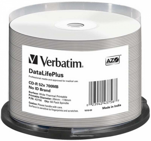картинка Диск CD-R Verbatim 700Mb 52x Cake Box (50 шт) Printable термо от магазина "Офисные мелочи"