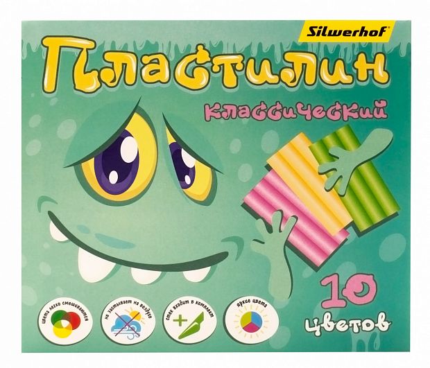 картинка Пластилин 10 цветов 150 г. Silwerhof "Монстрики" стек, картонная коробка от магазина "Офисные мелочи"