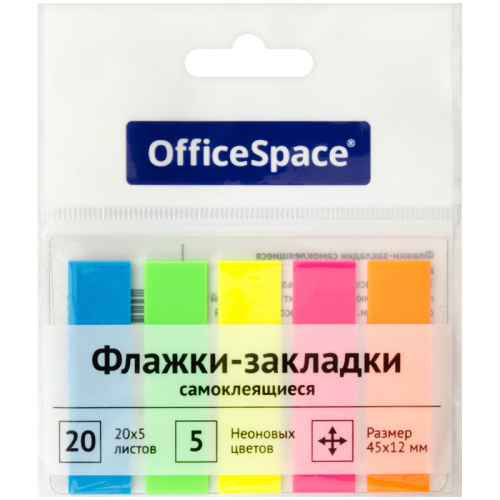 картинка Закладки пластиковые 12*45 5*20 л. неон OfficeSpace европодвес от магазина "Офисные мелочи"