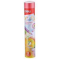 картинка Карандаши 12 цветов Deli "ColoRun" трехгранные, тополь, металлический тубус от магазина "Офисные мелочи"