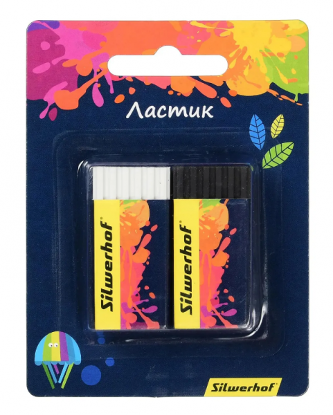 картинка Ластик прямоугольный белый/черный картонный футляр Silwerhof "Цветландия" 2 шт., блистер от магазина "Офисные мелочи"