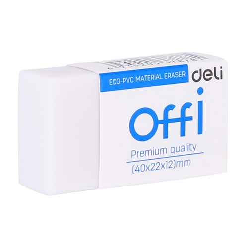 картинка Ластик прямоугольный белый картонный футляр Deli "Offi" ПВХ 40*22*12 мм. от магазина "Офисные мелочи"