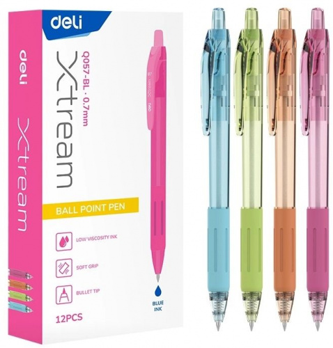 картинка Ручка шариковая автоматическая Deli "EQ057-BL" 0,7 мм. синяя, резиновый грип, тонированный корпус в ассортименте от магазина "Офисные мелочи"