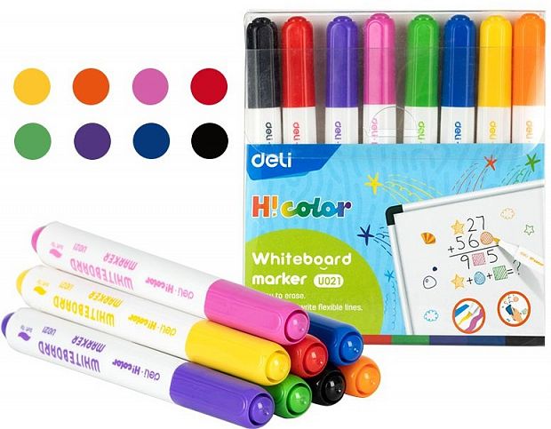картинка Набор маркеров для доски 8 цветов круглый наконечник 2 мм. Deli "H!Color" ПВХ-пенал от магазина "Офисные мелочи"