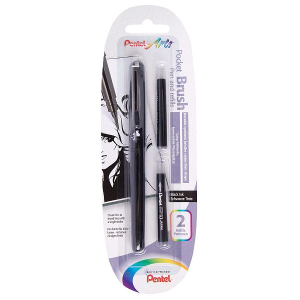 картинка Ручка-кисть для каллиграфии черная Pentel Pocket Brush Pen 2 запасных картриджа от магазина "Офисные мелочи"