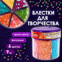 картинка Блестки декоративные фигурные неон 6 цветов*9 г. ОСТРОВ СОКРОВИЩ диспенсер с дозатором от магазина "Офисные мелочи"