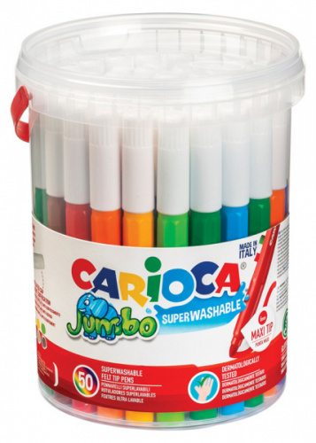 картинка Фломастеры JUMBO 50 цветов Carioca смываемые, банка с ручкой от магазина "Офисные мелочи"