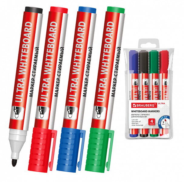 картинка Набор маркеров для доски 4 цвета круглый наконечник 3,0 мм. BRAUBERG "ULTRA WHITEBOARD MARKER" от магазина "Офисные мелочи"
