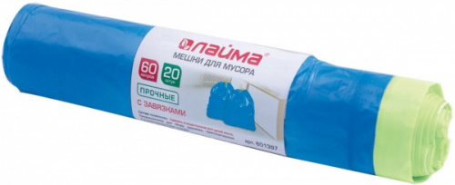 картинка Мешки для мусора 60 л.*20 шт. 12 мкм. ролик голубые c завязками Лайма прочные, 50*62 +-5% от магазина "Офисные мелочи"