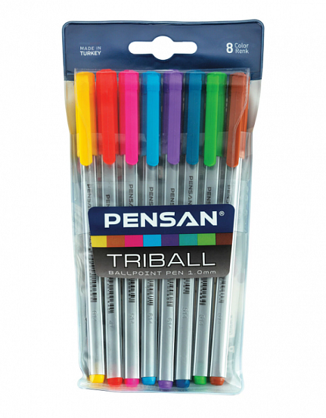 картинка Набор ручек шариковых 8 цветов Pensan Triball 1,0 мм. игольчатый наконечник, трехгранный корпус от магазина "Офисные мелочи"