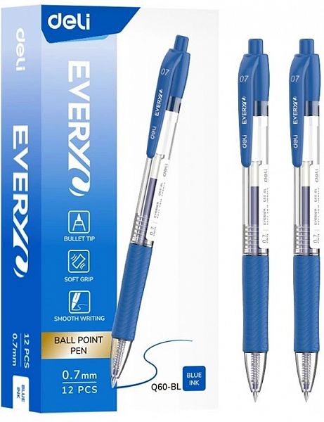 картинка Ручка шариковая автоматическая Deli "EveryU" 0,7 мм. синяя, резиновый грип, корпус прозрачный/синий от магазина "Офисные мелочи"