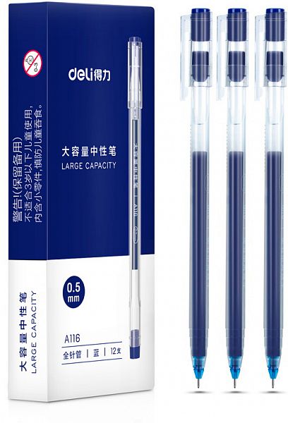 картинка Ручка гелевая Deli "A116-BL" 0,5 мм. синяя, игольчатый наконечник, корпус прозрачный от магазина "Офисные мелочи"